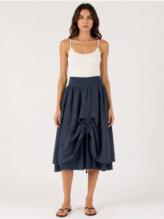 None Dresses & Skirts - Made in Italy Navy Blue Linen Blend Double Layer Lagenlook Midi Skirt L XL